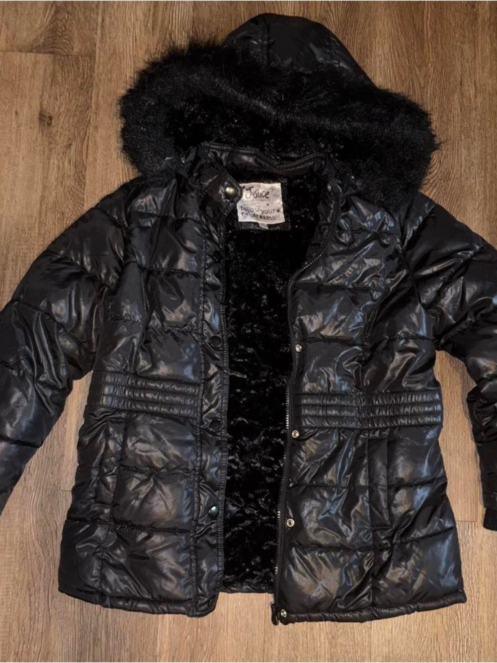 Justice Black Faux Fur-Trim Puffer Coat with Hood